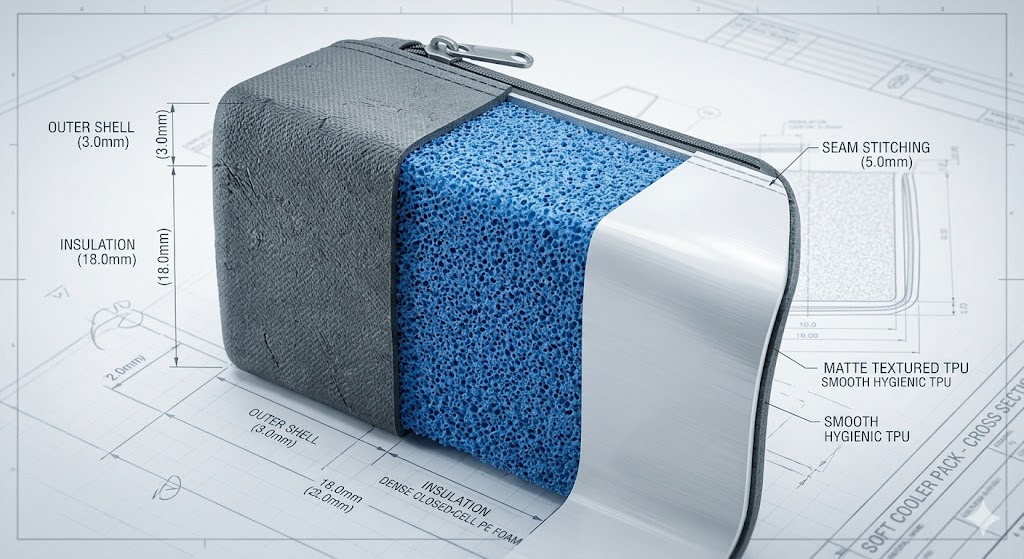 3D cross-section showing the internal structure of 840D TPU and dense closed-cell foam insulation in OEM soft coolers