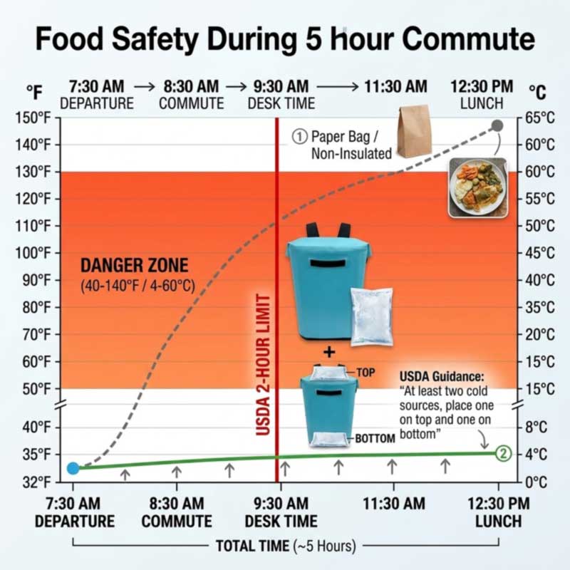 commute temperature timeline showing packed lunch staying below 40F in an insulated backpack versus rising into the danger zone in a paper bag commute temperature timeline showing packed lunch staying below 40F in an insulated backpack versus rising into the danger zone in a paper bag