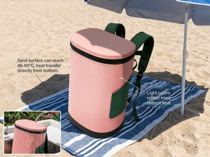 beach cooler backpack kept on a towel in umbrella shade with reinforced base upright on sand