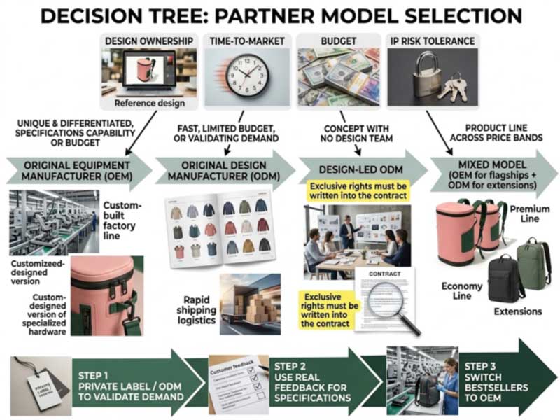 decision tree for choosing OEM or ODM cooler backpack manufacturing based on ownership, speed, budget and IP risk