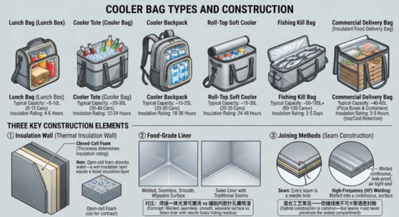 types of insulated cooler bags and the three construction elements: insulation wall, food-grade liner and seam method types of insulated cooler bags and the three construction elements: insulation wall, food-grade liner and seam method