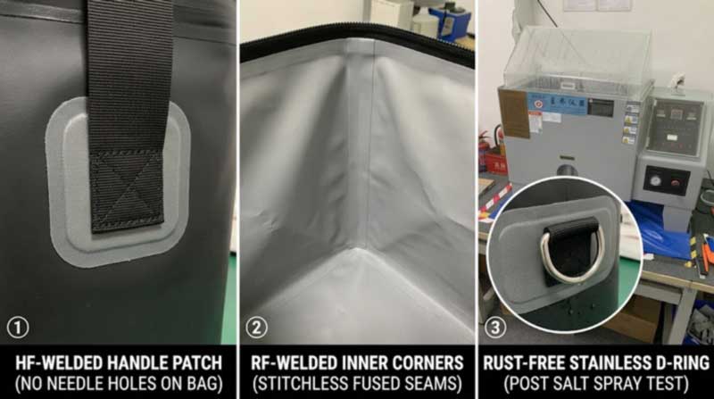 welded handle anchor patch, welded liner seam and salt-spray tested hardware on a soft cooler bag welded handle anchor patch, welded liner seam and salt-spray tested hardware on a soft cooler bag